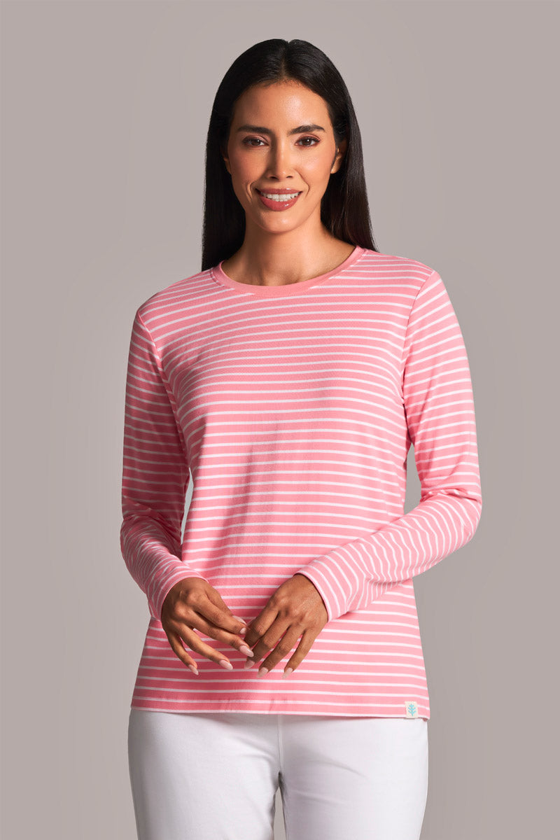 Women's Long Sleeve T-Shirt Flamingo Pink/White Stripe UPF 50+