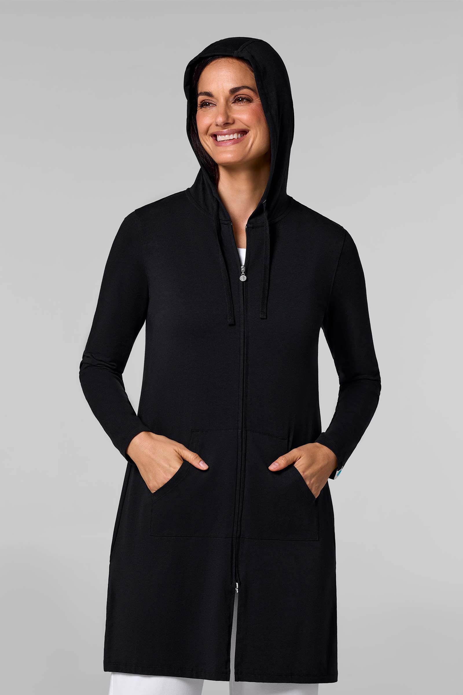 Women's Long Zip-Up Hoodie Black UPF 50+ - Main Image