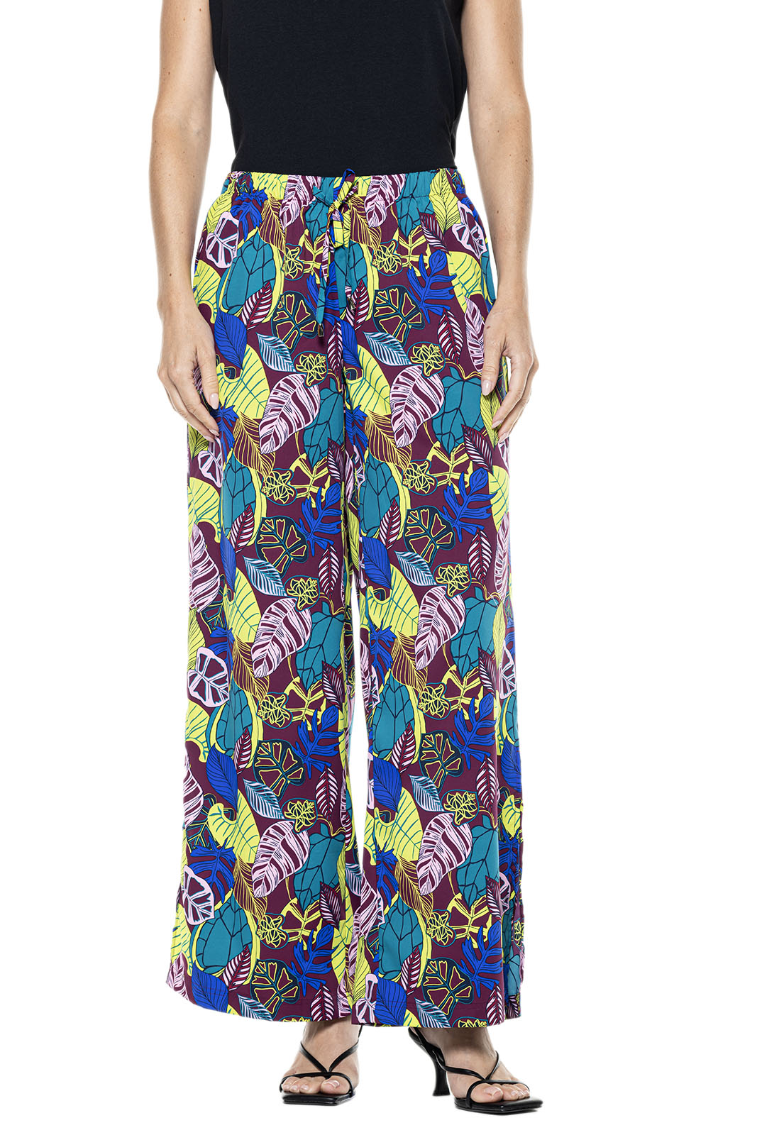 Women's Wide Leg Pants with Side Slits | Rich Plum Electric Jungle