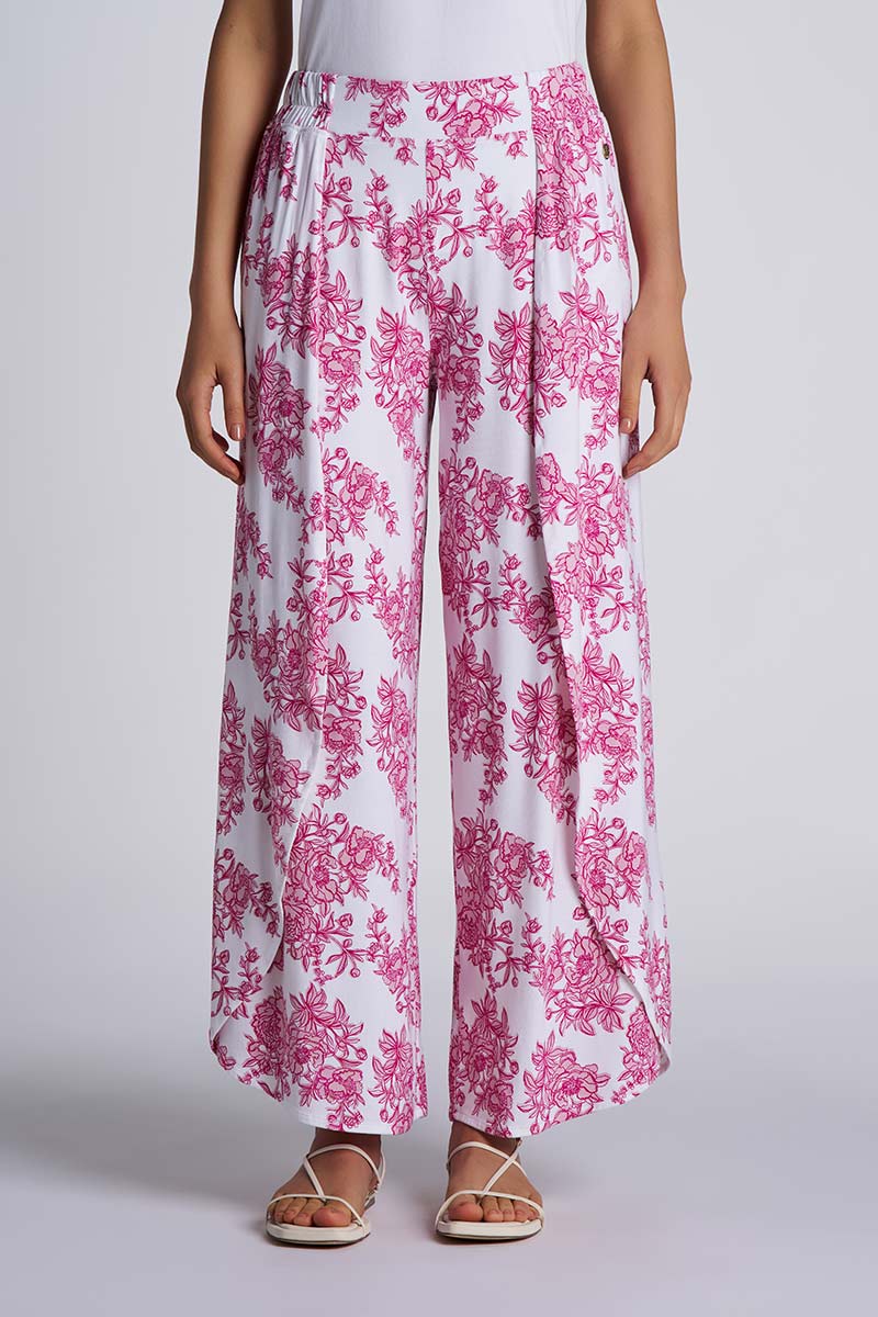Women's Wide Leg Pants with Overlap Detail | Fuchsia Bouquet Women's Wide Leg Pants with Overlap Detail | Fuchsia Bouquet