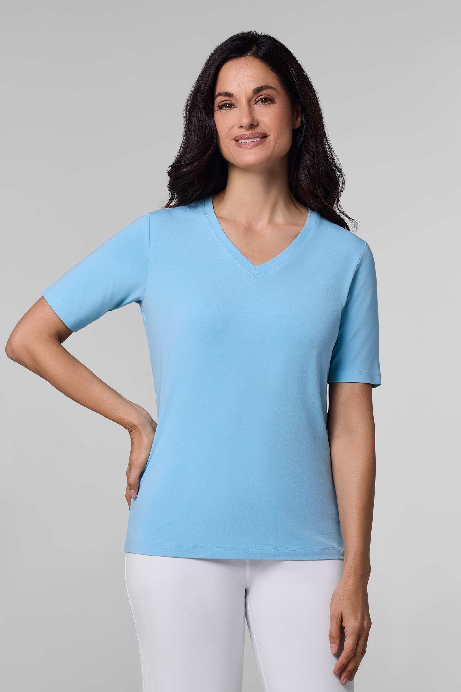 Amoretu Women's V-Neck Short Sleeve T-Shirt - Loose Fit, Soft Rayon, Summer Top (Blue, L)
