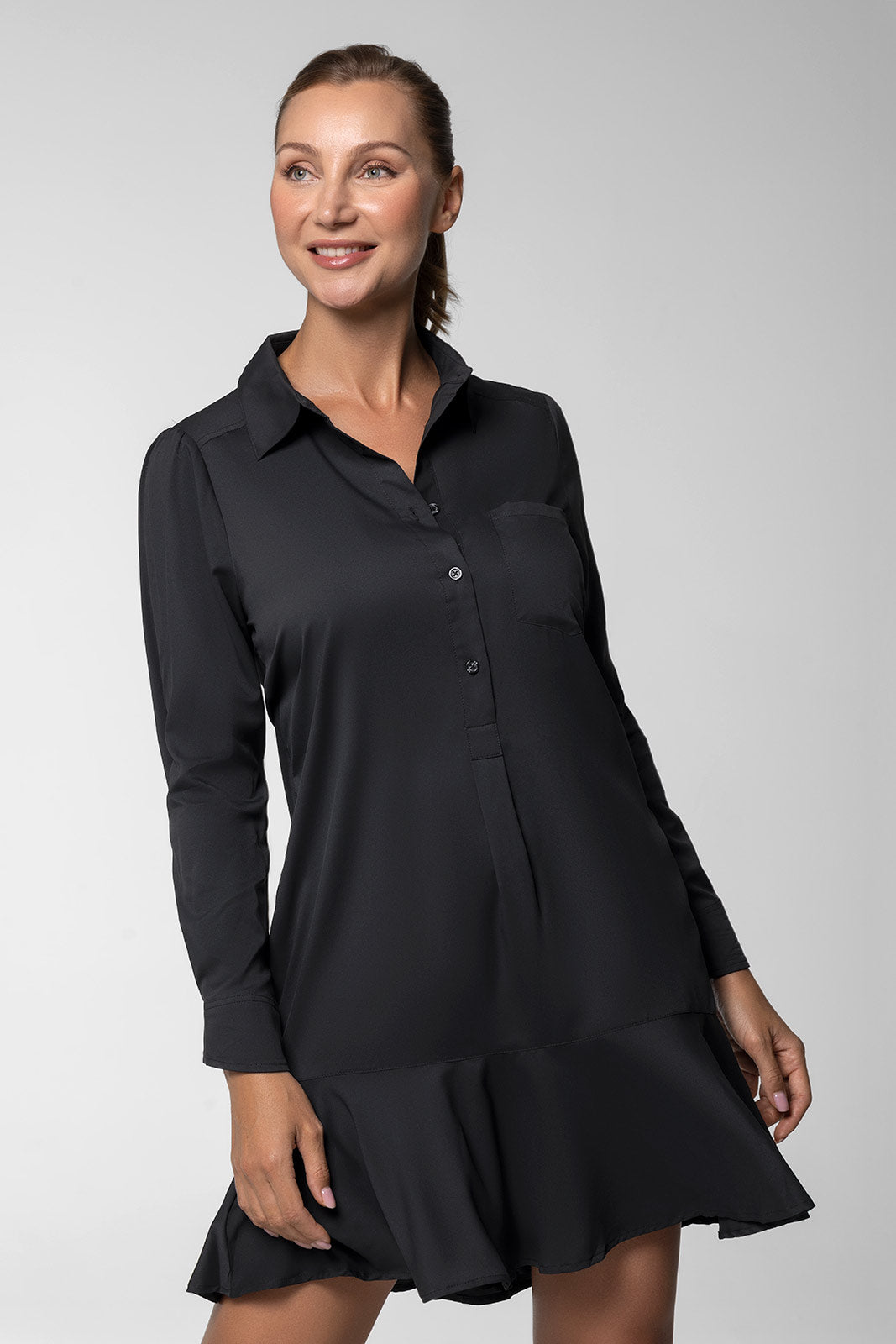 Coolibar Women's Castaneda Shirt Dress, Black, UPF50+, Swing Shape, Mini Length, Long Sleeves, Button Cuffs, Side Seam Pockets Coolibar Women's Castaneda Shirt Dress, Black, UPF50+, Swing Shape, Mini Length, Long Sleeves, Button Cuffs, Side Seam Pockets