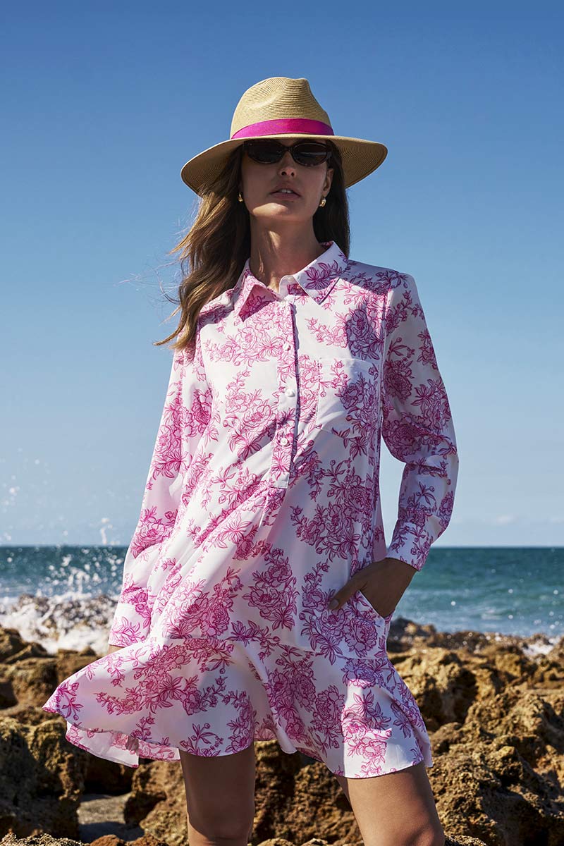 holiday dresses womens long sleeve Castaneda Flared | Women's Shirt Dress with Sleeves Complete the Look:Garden Duo (Dress + Eden Party Hat) Elegant Light Blue Satin With its flattering silhouette Embroider