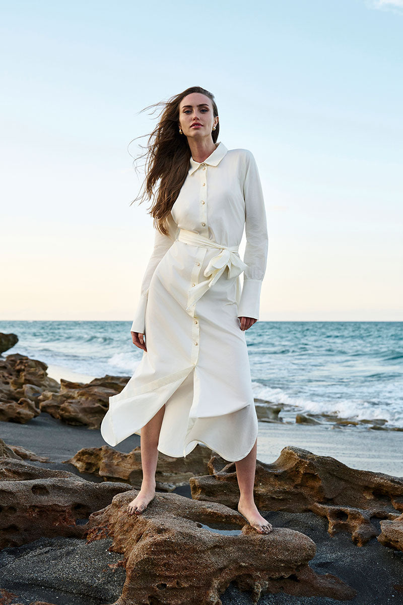 Coolibar Women's UPF50+ Shirt Dress, Vanilla, Long Sleeves, Tie Waist, Size L Coolibar Women's UPF50+ Shirt Dress, Vanilla, Long Sleeves, Tie Waist, Size L