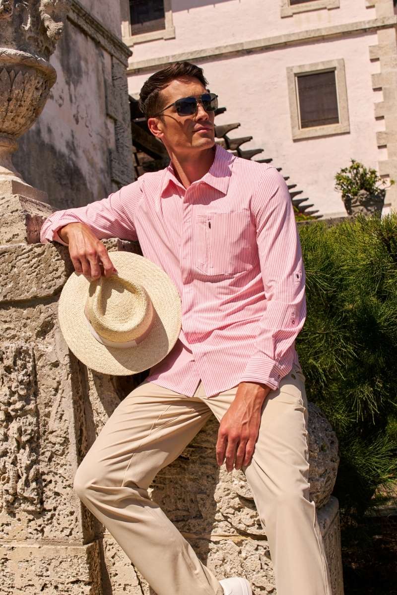 Men's Smart Long Sleeve Shirt | White/Flamingo Pink Stripe UPF 50+
