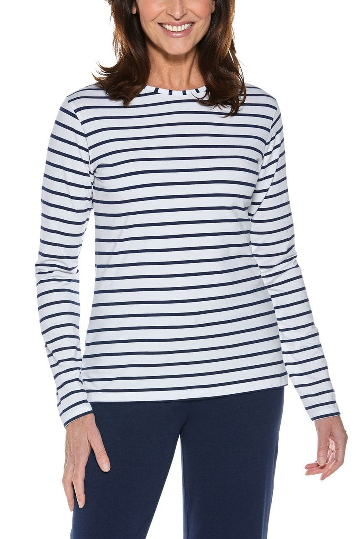 Women's Morada Everyday Long Sleeve T-Shirt UPF 50+ - Coolibar White/Navy Stripe / L