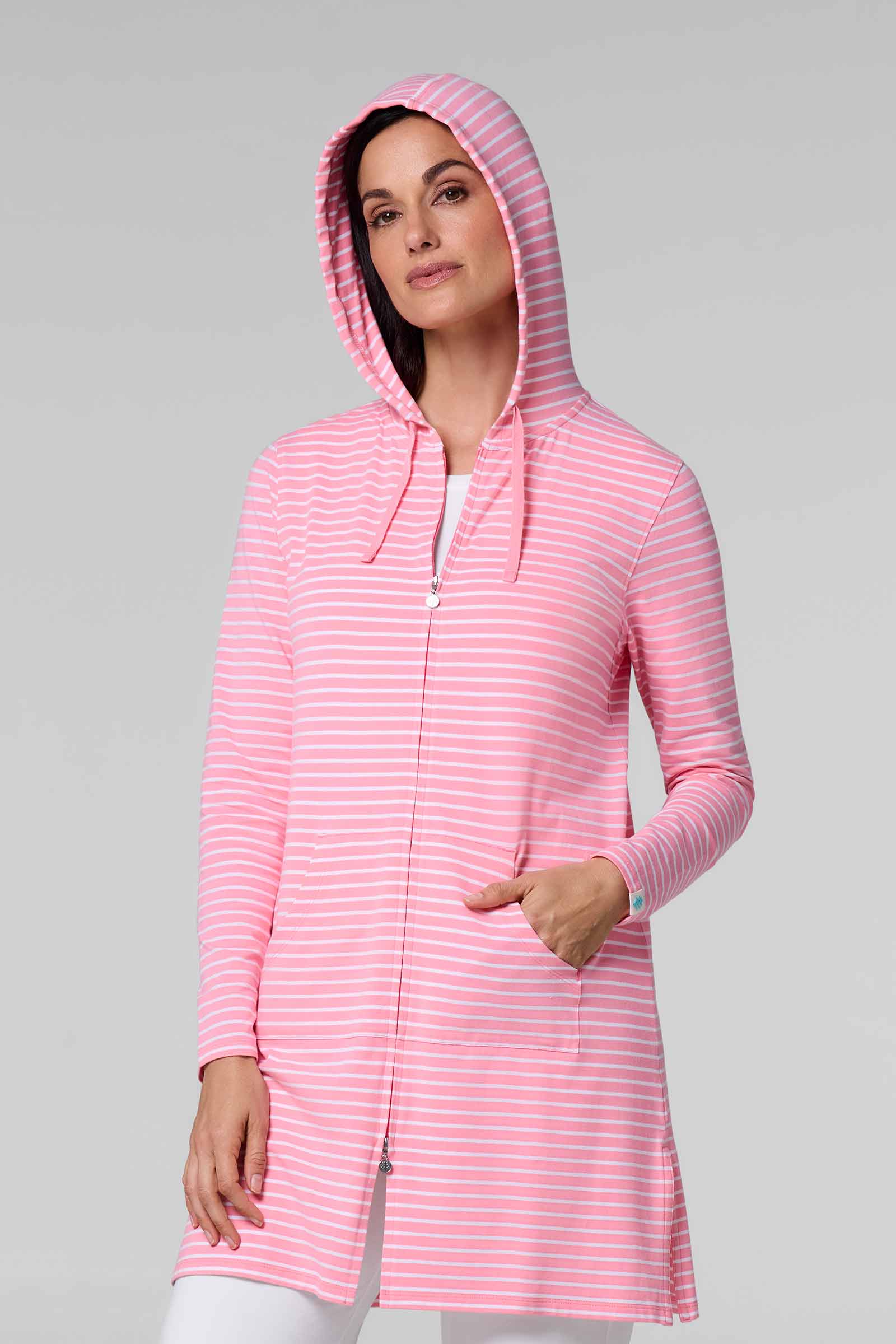 Women's Cabana Long Zip-Up Hoodie | Flamingo Pink/White Stripe UPF 50+