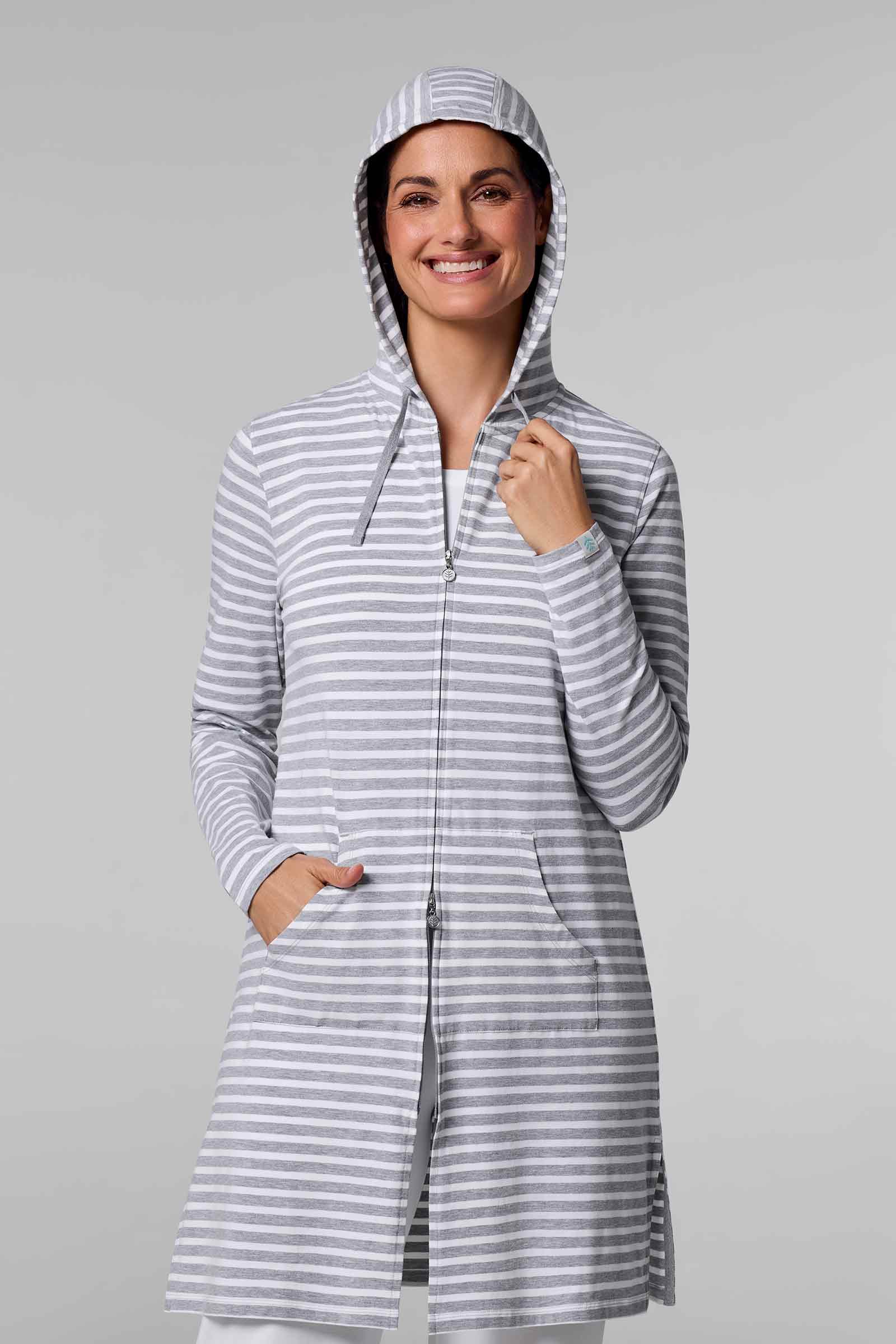 Women's Cabana Long Zip-Up Hoodie | Grey/White Stripe UPF 50+