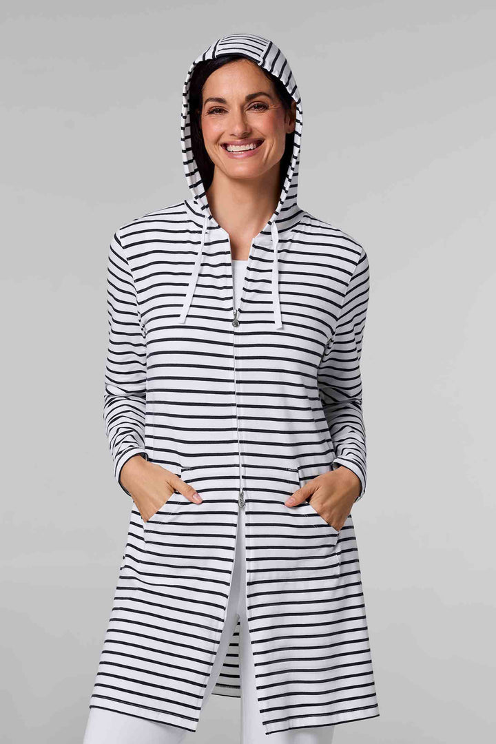 Women's Long Zip-Up Hoodie | White/Navy Stripe
