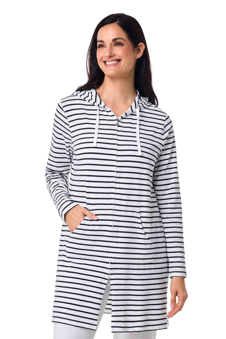 Women's Long Zip-Up Hoodie | White/Navy Stripe