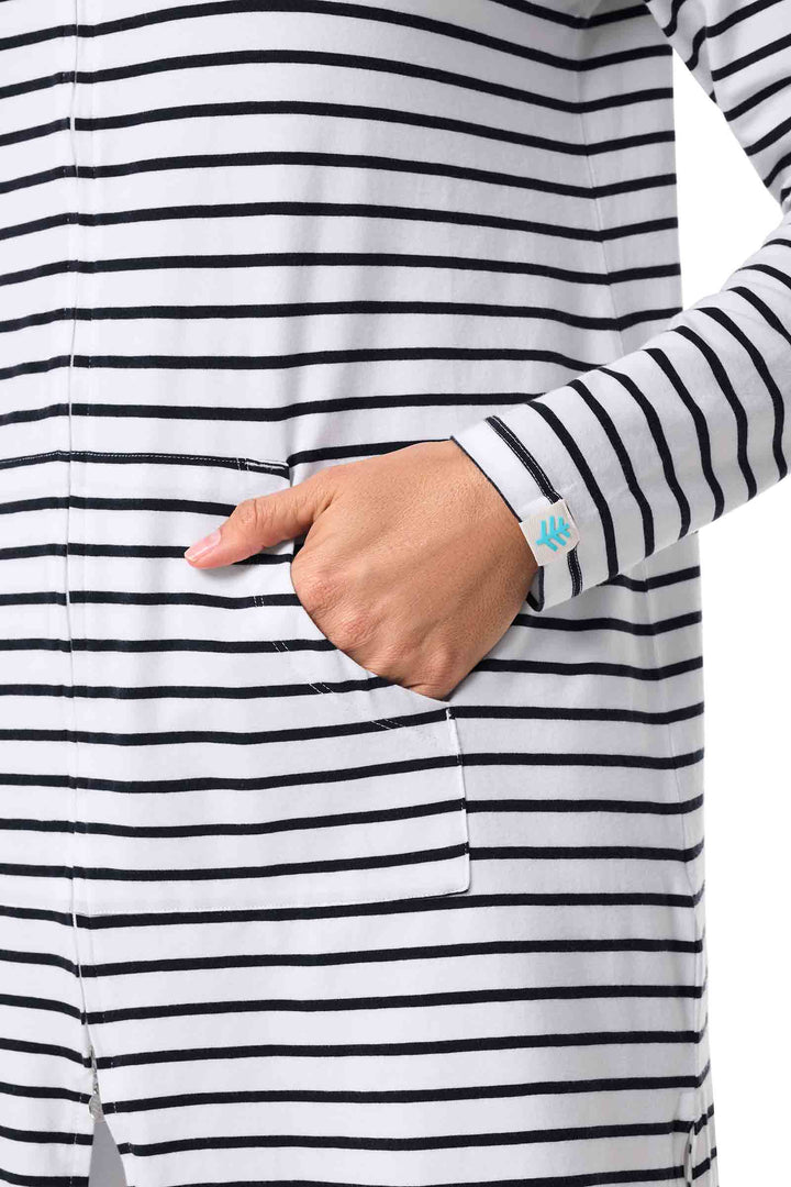 Women's Long Zip-Up Hoodie | White/Navy Stripe