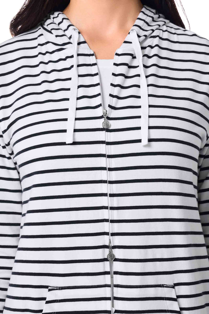 Women's Long Zip-Up Hoodie | White/Navy Stripe