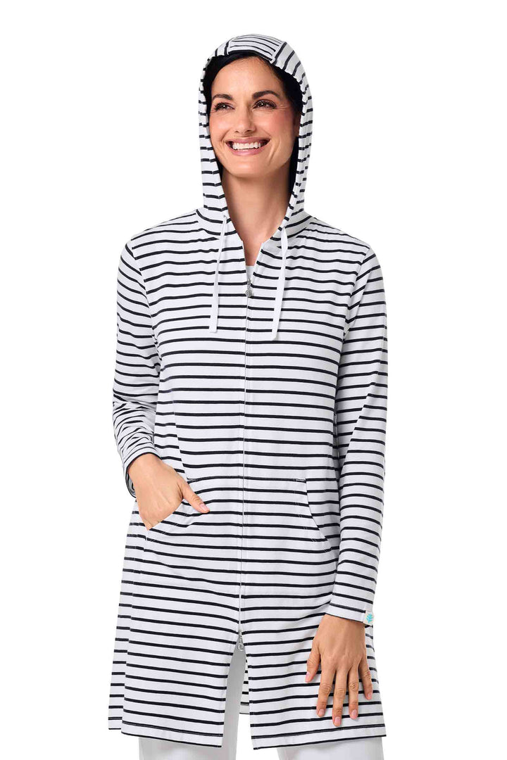 Women's Long Zip-Up Hoodie | White/Navy Stripe