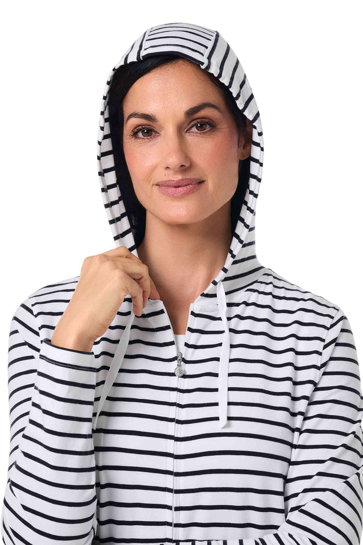 Women's Long Zip-Up Hoodie | White/Navy Stripe