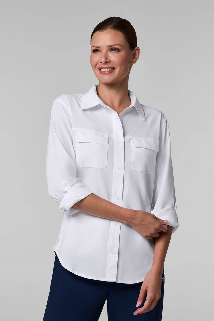 woman white dress shirt Slim Fit Button Up Women's Tall in 6 / Extra Tall / White extra buttons are sewn into an interior seam of this shirt These 16 Best White Shirts
