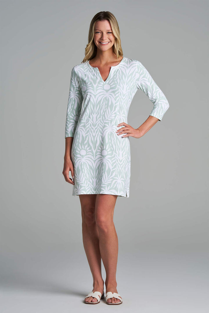 tunic dress women Women's Oceanside Tunic Dress with 3/4 Sleeve | Misty Aqua American Palm | UPF 50+
