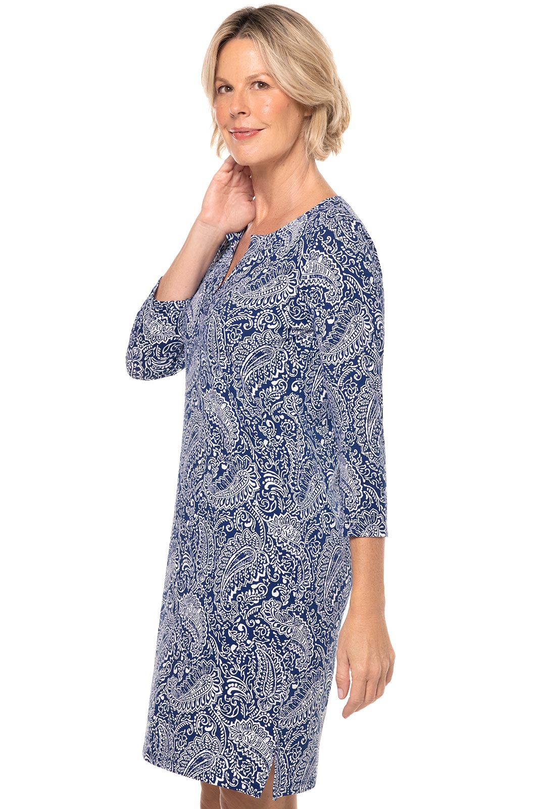 Women's Oceanside Tunic Dress with 3/4 Sleeve | Navy Artisan Paisley UPF 50+ Women's Oceanside Tunic Dress with 3/4 Sleeve | Navy Artisan Paisley UPF 50+