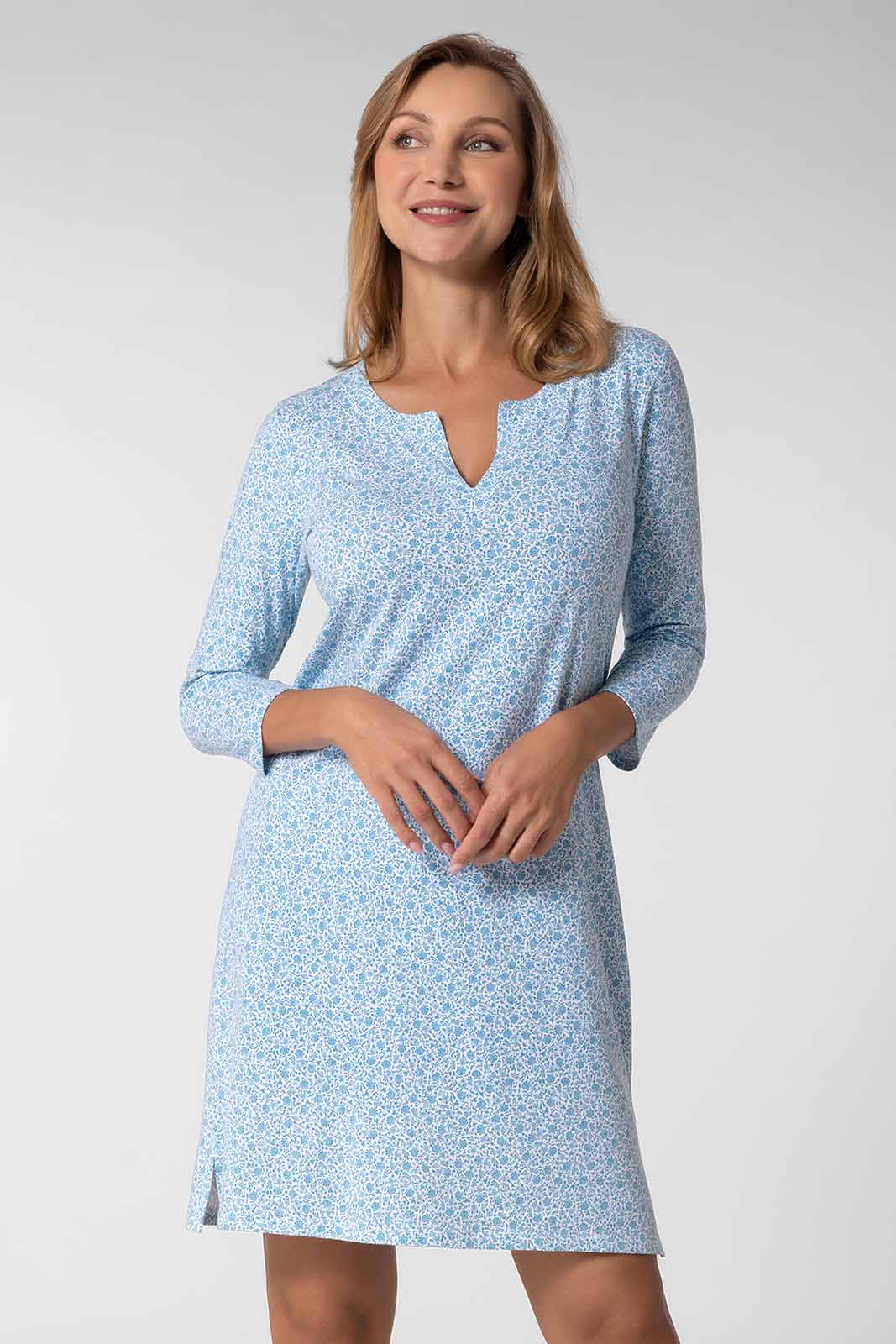 Women's Oceanside Tunic Dress with 3/4 Sleeve | Peachy Pink Etched Flowers UPF 50+ Women's Oceanside Tunic Dress with 3/4 Sleeve | Peachy Pink Etched Flowers UPF 50+