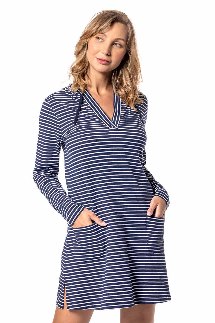Hooded Towel Hooded Beach Cover Up Women's Catalina Cover-Up Dress With Pockets Navy/White Stripe UPF 50+ Hooded Towel Hooded Beach Cover Up Women's Catalina Cover-Up Dress With Pockets Navy/White Stripe UPF 50+