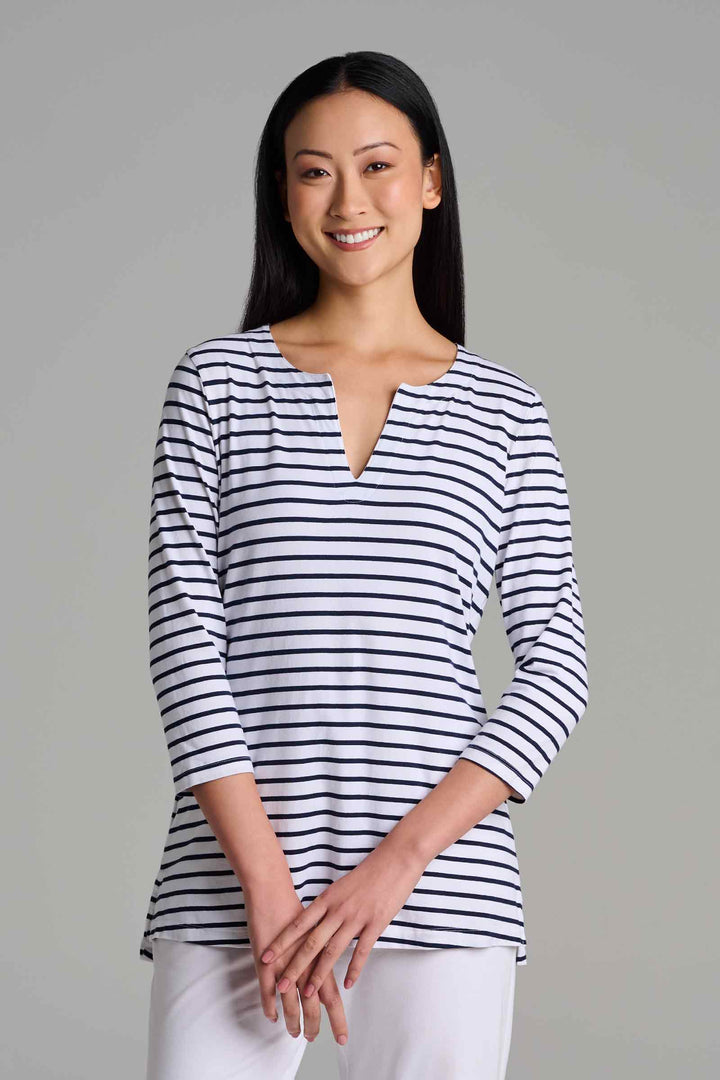 Women's Tunic Top with Long Sleeves | White/Navy Stripe