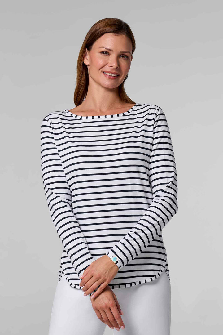 Women's Side Split Long Sleeve Shirt | White/Navy Stripe