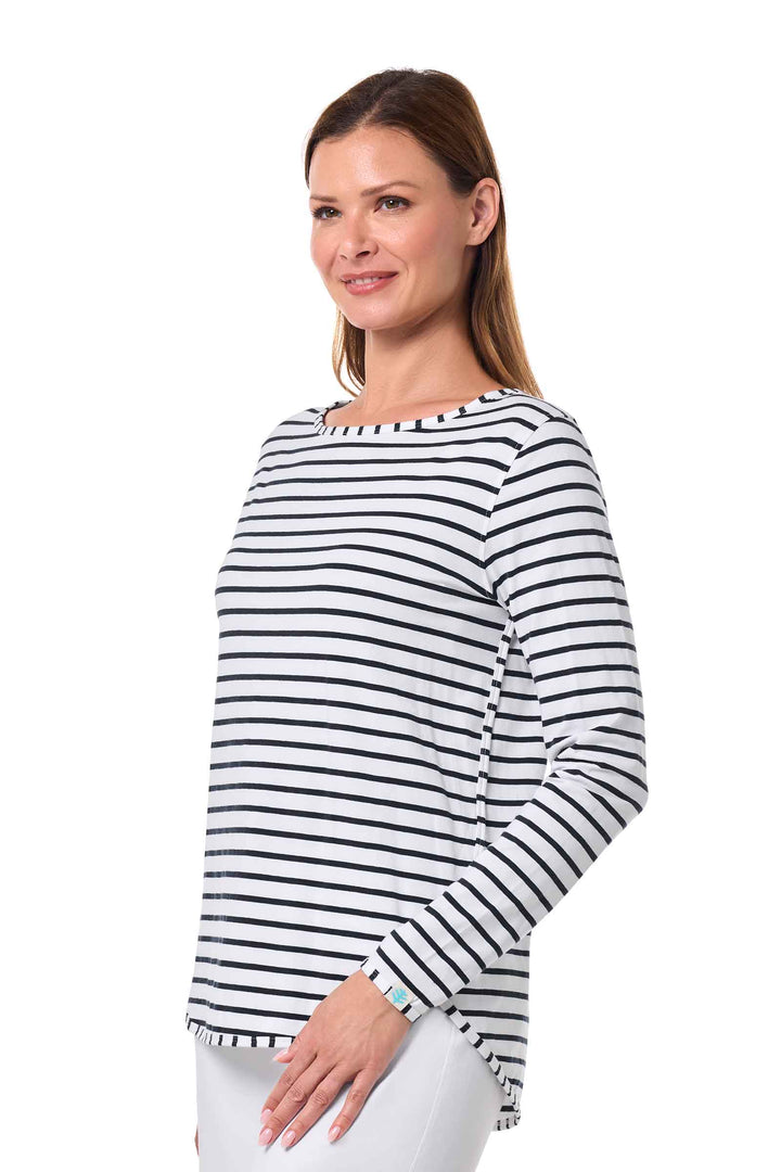 Women's Side Split Long Sleeve Shirt | White/Navy Stripe