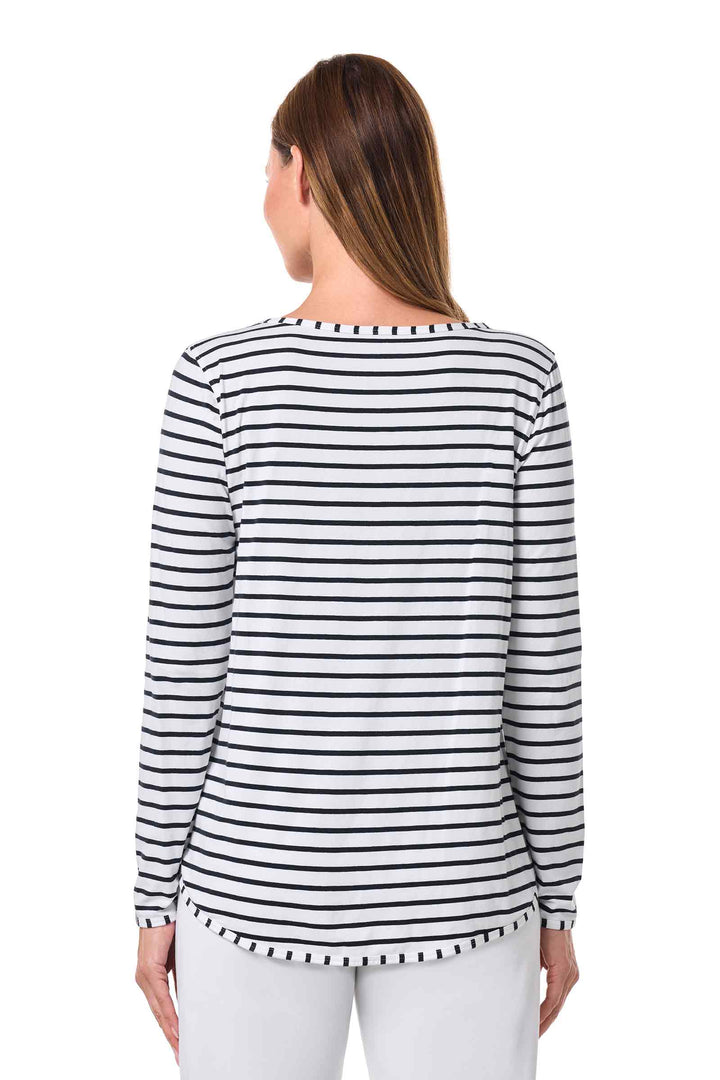 Women's Side Split Long Sleeve Shirt | White/Navy Stripe