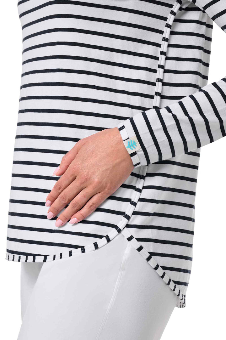 Women's Side Split Long Sleeve Shirt | White/Navy Stripe