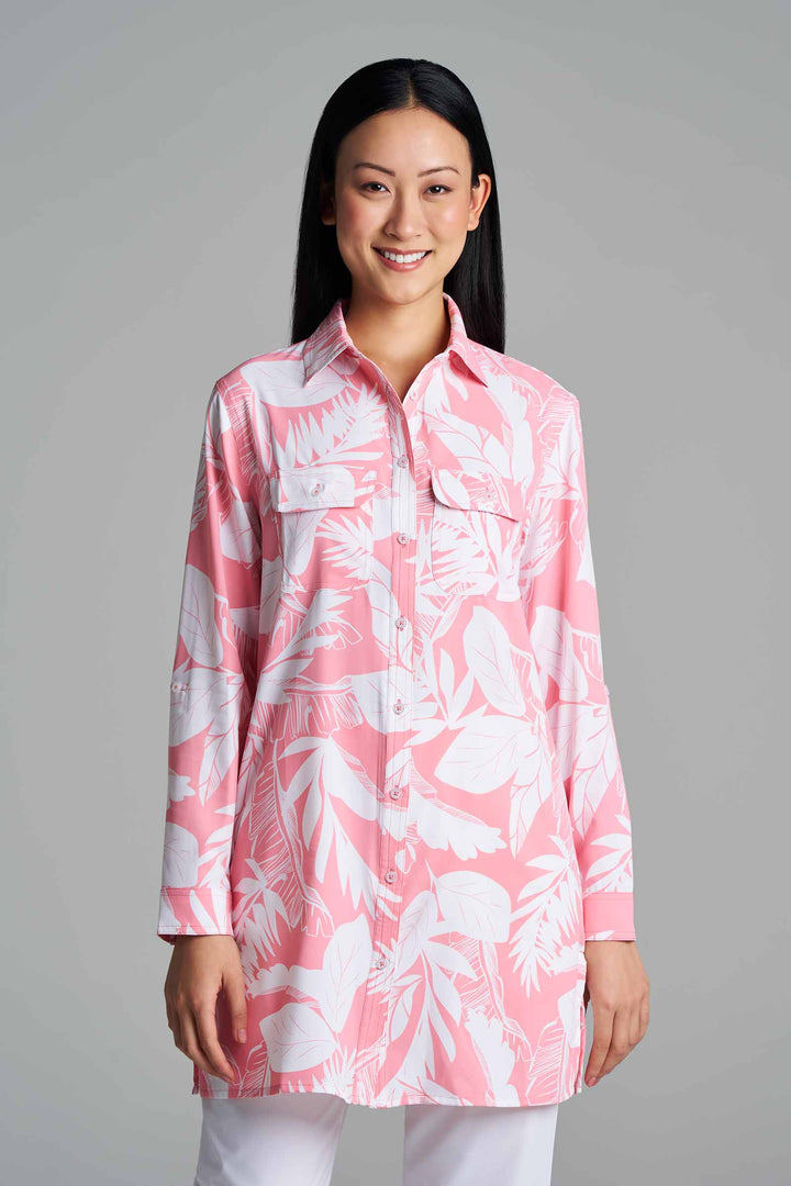 Women's Tunic Long Sleeve Shirt | Flamingo Pink Palm Paradise