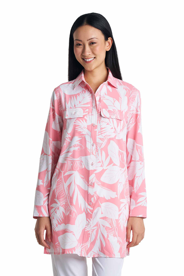 Women's Tunic Long Sleeve Shirt | Flamingo Pink Palm Paradise