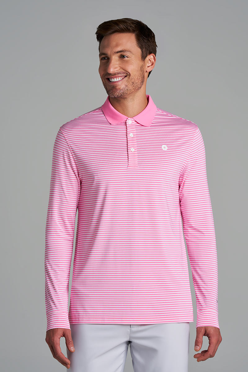 Men's Long Sleeve Sports Polo | Flamingo Pink/White Stripe UPF 50+