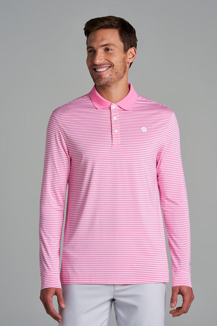 Men's Long Sleeve Sports Polo | Flamingo Pink/White Stripe