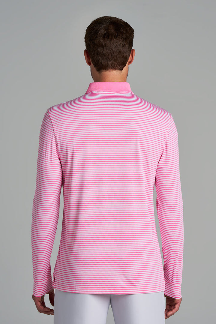 Men's Long Sleeve Sports Polo | Flamingo Pink/White Stripe
