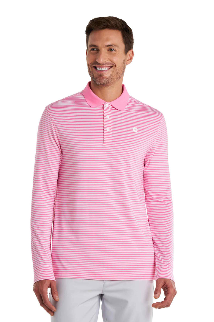 Men's Long Sleeve Sports Polo | Flamingo Pink/White Stripe