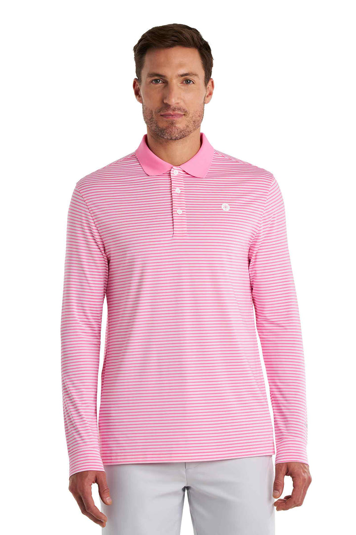 Men's Long Sleeve Sports Polo | Flamingo Pink/White Stripe