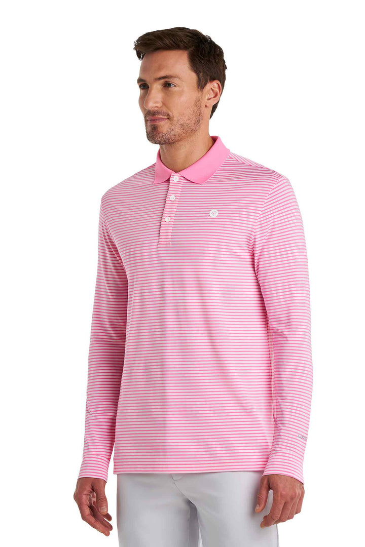 Men's Long Sleeve Sports Polo | Flamingo Pink/White Stripe