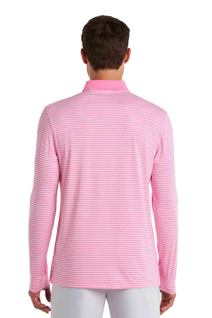 Men's Long Sleeve Sports Polo | Flamingo Pink/White Stripe