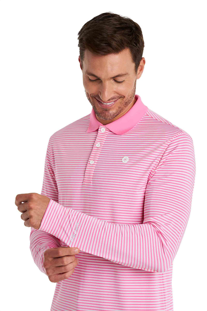 Men's Long Sleeve Sports Polo | Flamingo Pink/White Stripe