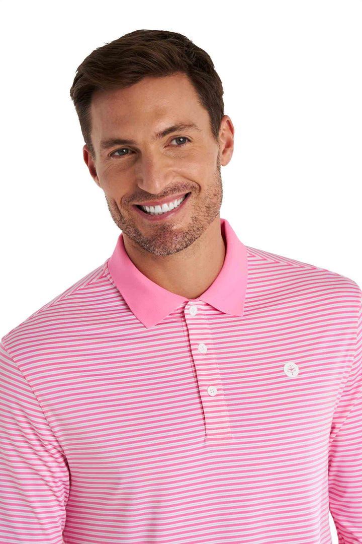 Men's Long Sleeve Sports Polo | Flamingo Pink/White Stripe