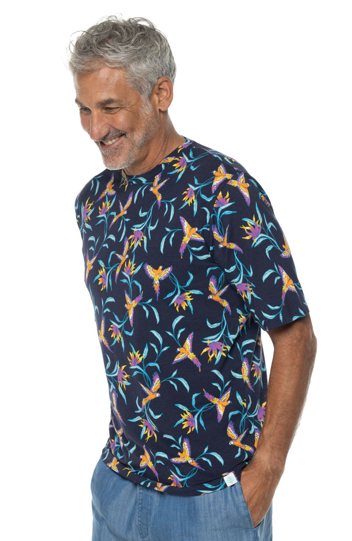 Coolibar Men's Morada Everyday Short Sleeve T-Shirt UPF 50+, Navy Birds of Paradise / XL