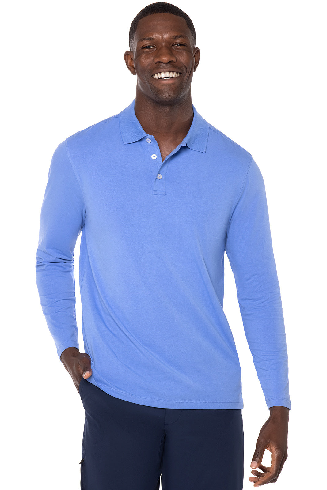 coolibar Men's Coppitt Long Sleeve Weekend Polo | Aura Blue | Clothing