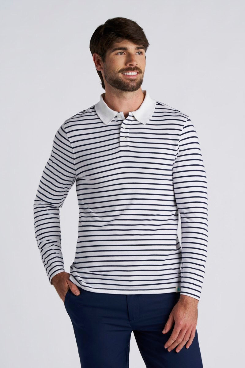 Men's Coppitt Long Sleeve Weekend Polo | White/Navy Stripe UPF 50+