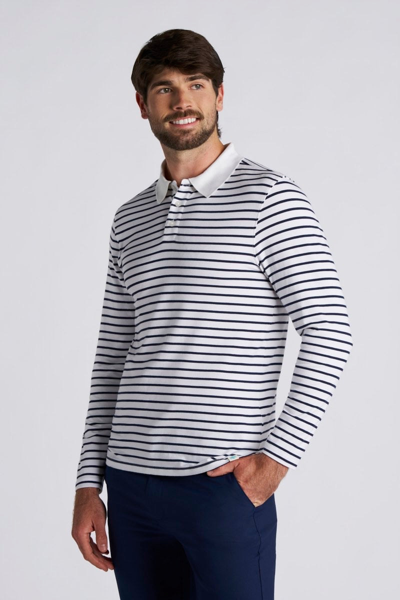 Men's Coppitt Long Sleeve Weekend Polo | White/Navy Stripe UPF 50+