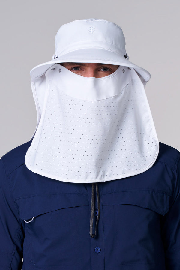 Sun Hat with Neck Flap & Clip-On Face Mask | White
