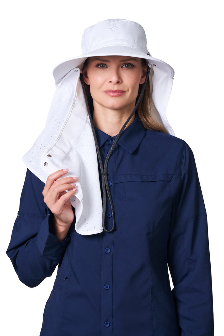 Sun Hat with Neck Flap & Clip-On Face Mask | White