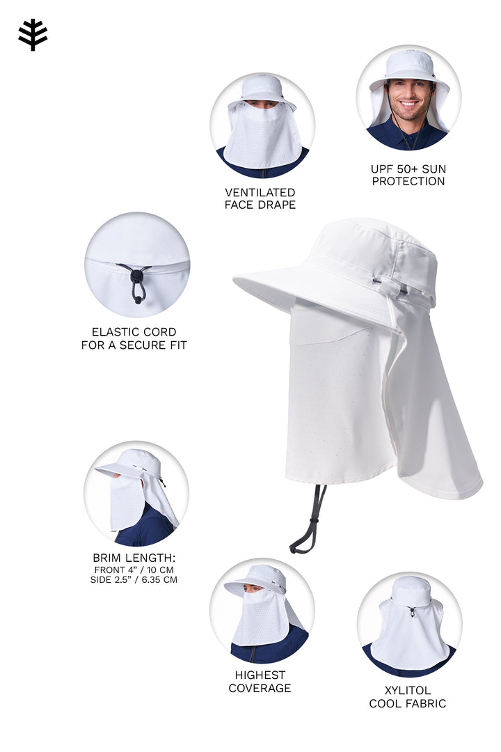 Sun Hat with Neck Flap & Clip-On Face Mask | White