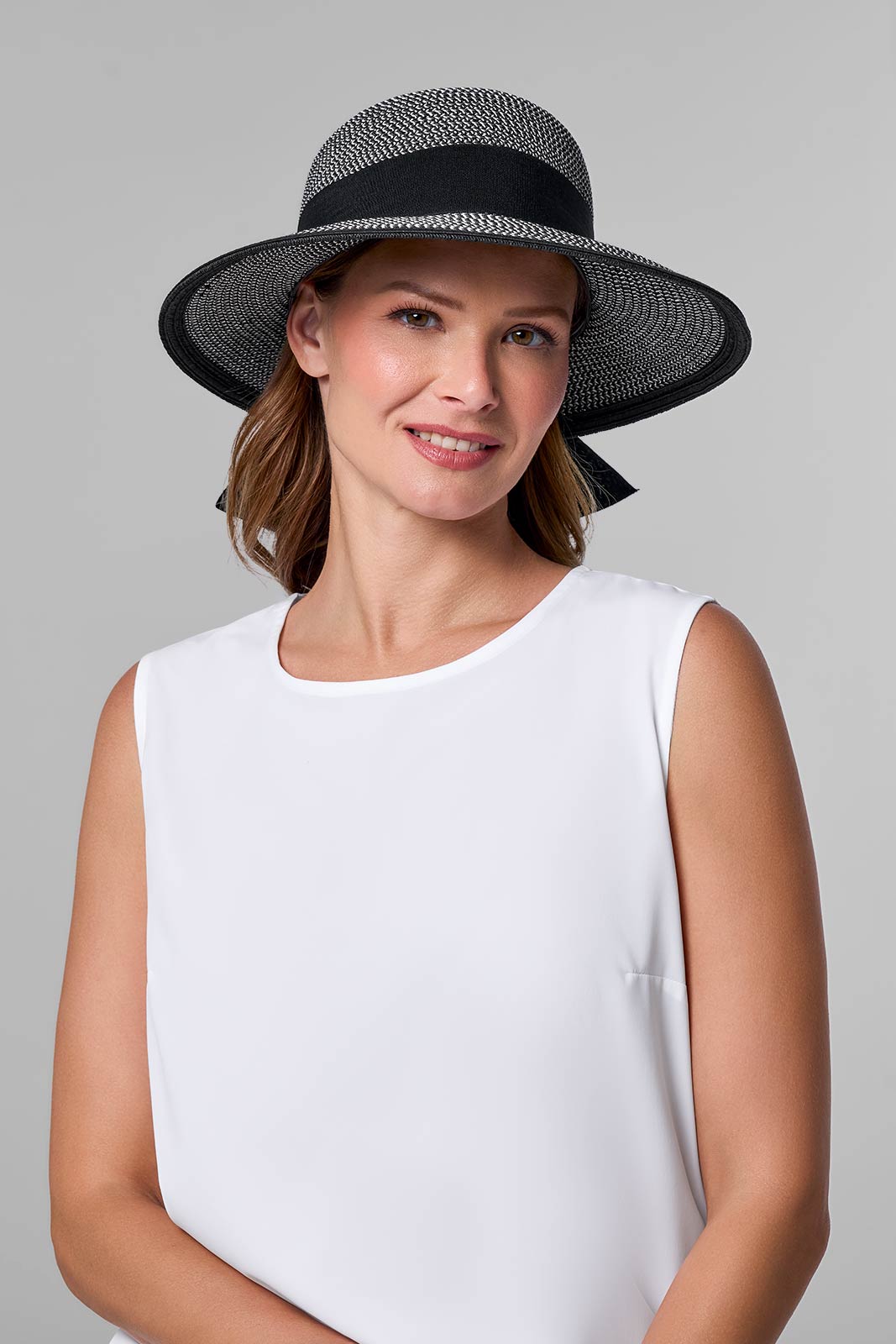 Women's Sun Hat with Ribbon | Black/Ivory Colorblock UPF 50+