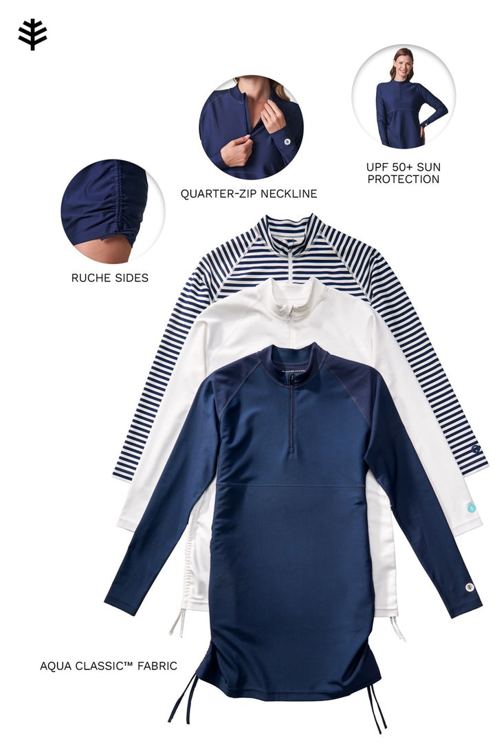 Women's Ruche Long Sleeve Swim Shirt | White/Navy Stripe
