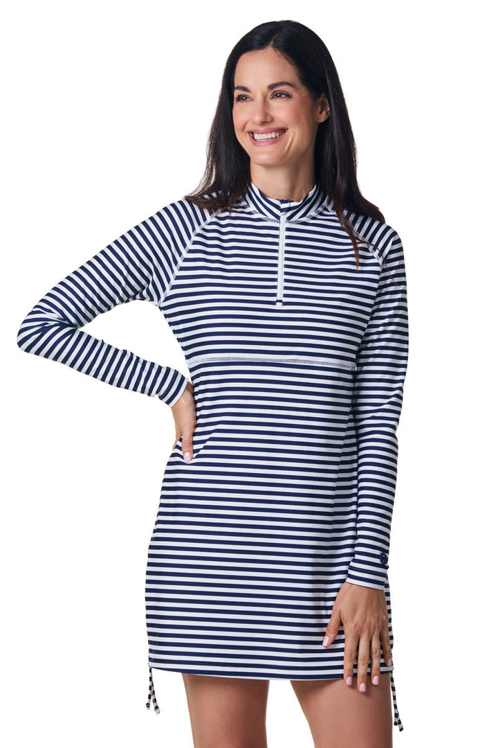 Women's Ruche Long Sleeve Swim Shirt | White/Navy Stripe