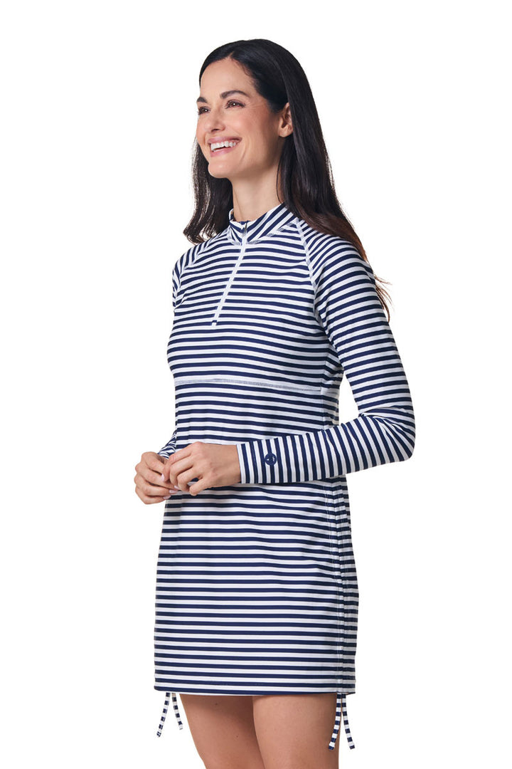 Women's Ruche Long Sleeve Swim Shirt | White/Navy Stripe